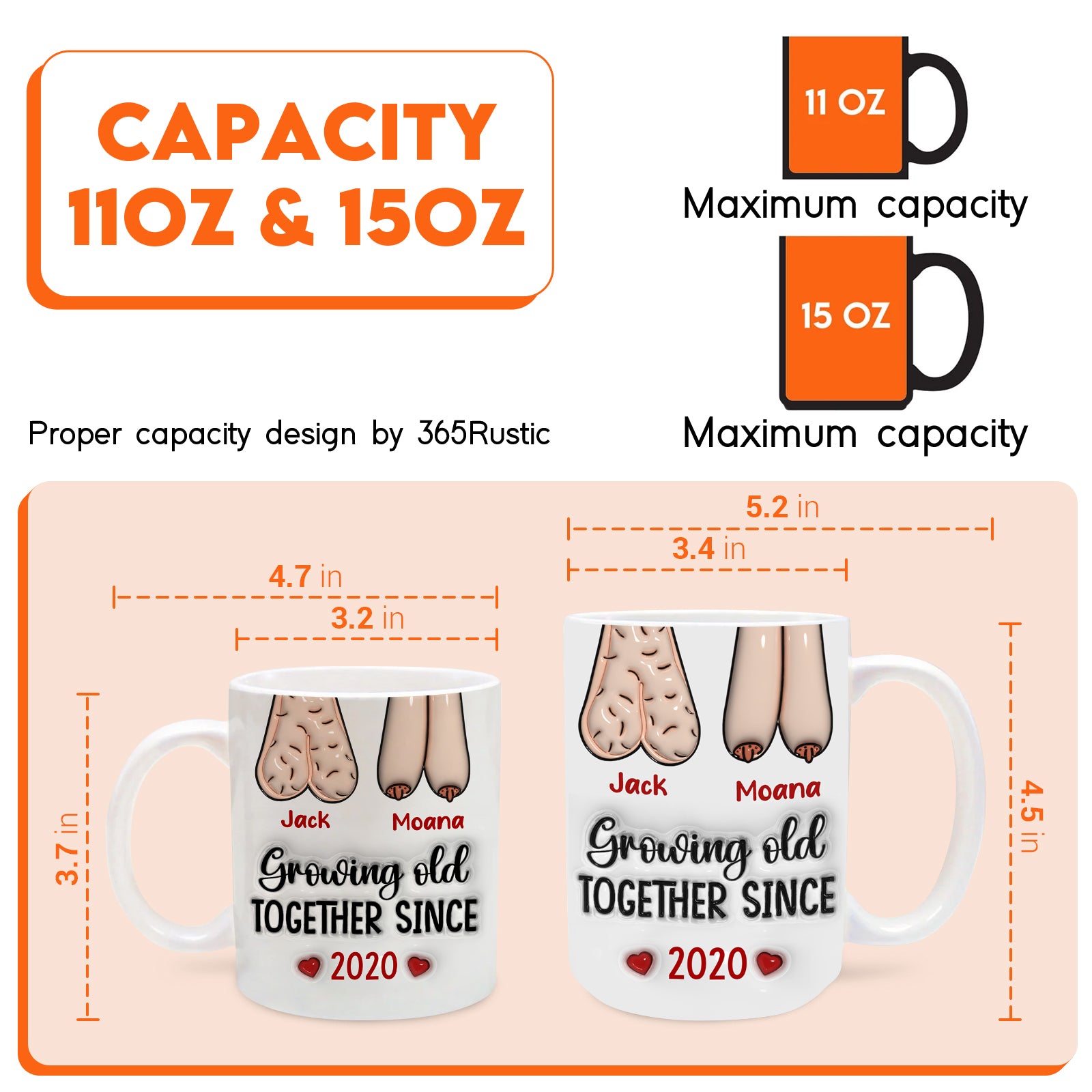 Personalized couple mug featuring custom names and anniversary date, available in 11oz and 15oz sizes