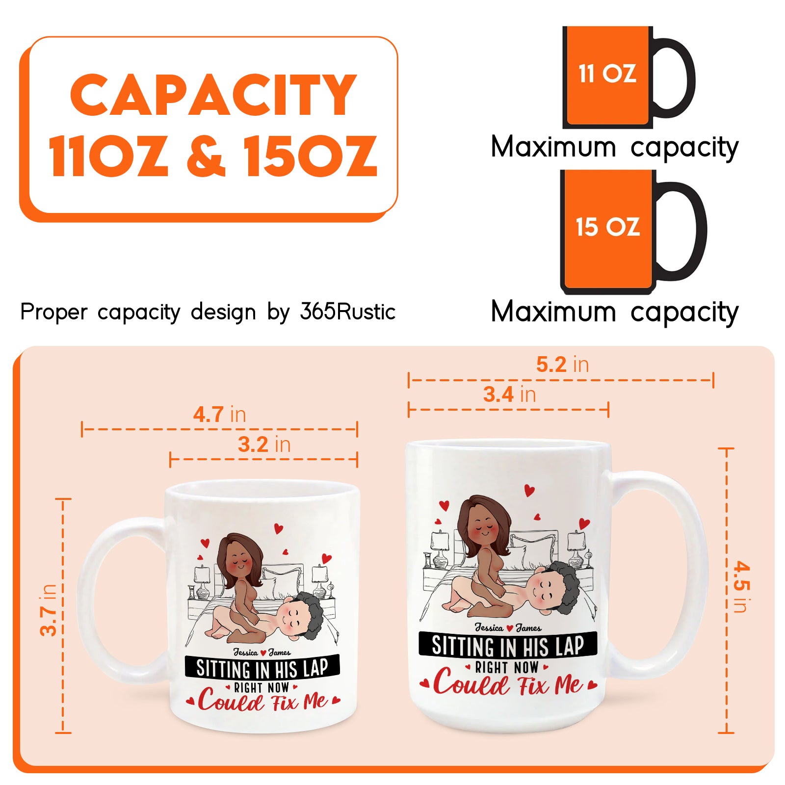 Personalized couple mug featuring whimsical design and capacity options of 11oz and 15oz for customized gifting
