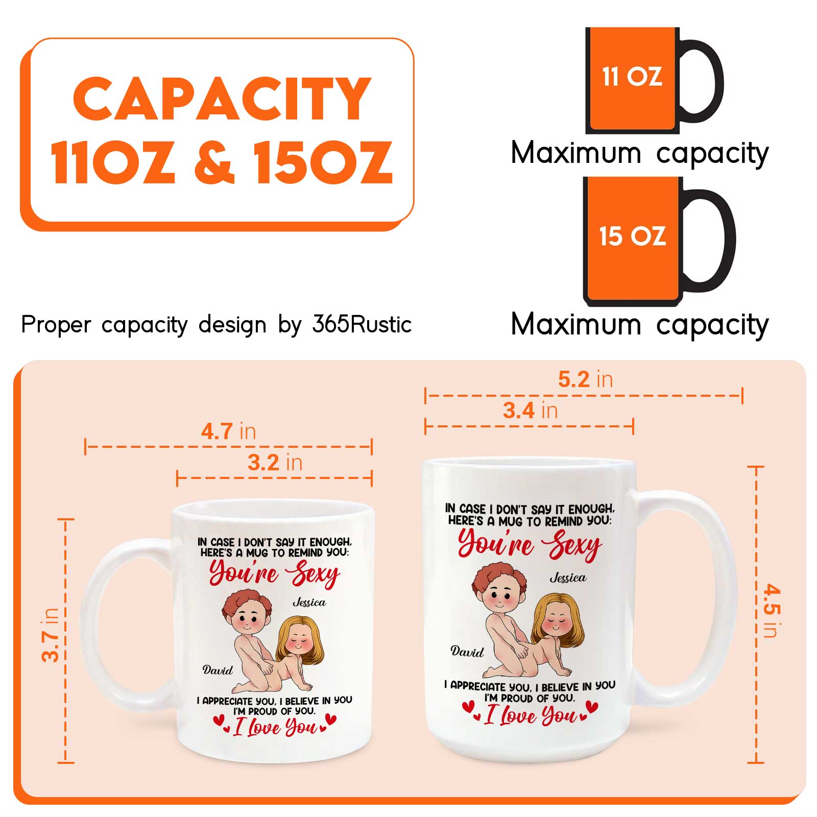 Personalized couple mug featuring custom messages for couples in 11oz and 15oz sizes