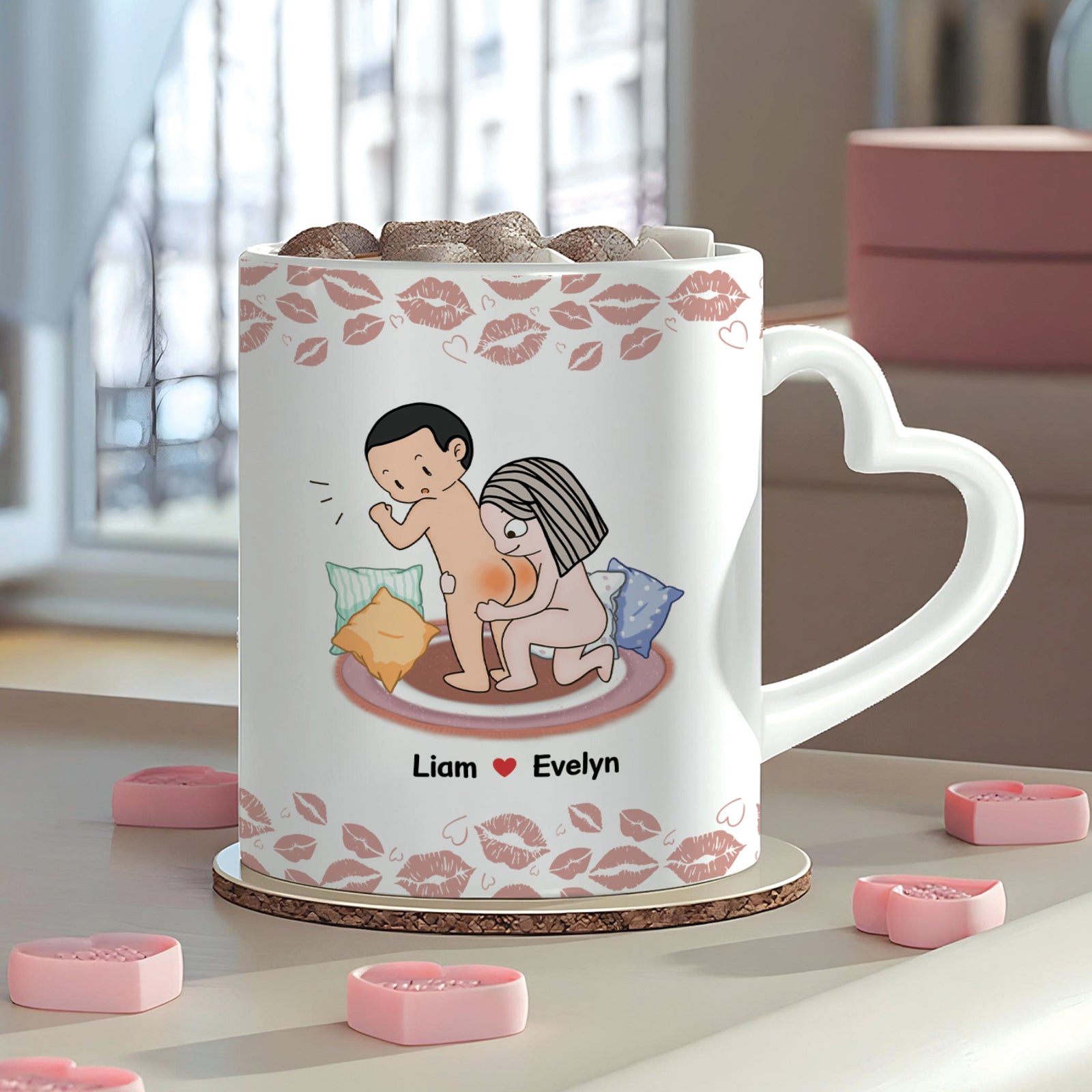365Gifty personalized couple mug with heart-shaped handle and custom cartoon design of Liam and Evelyn