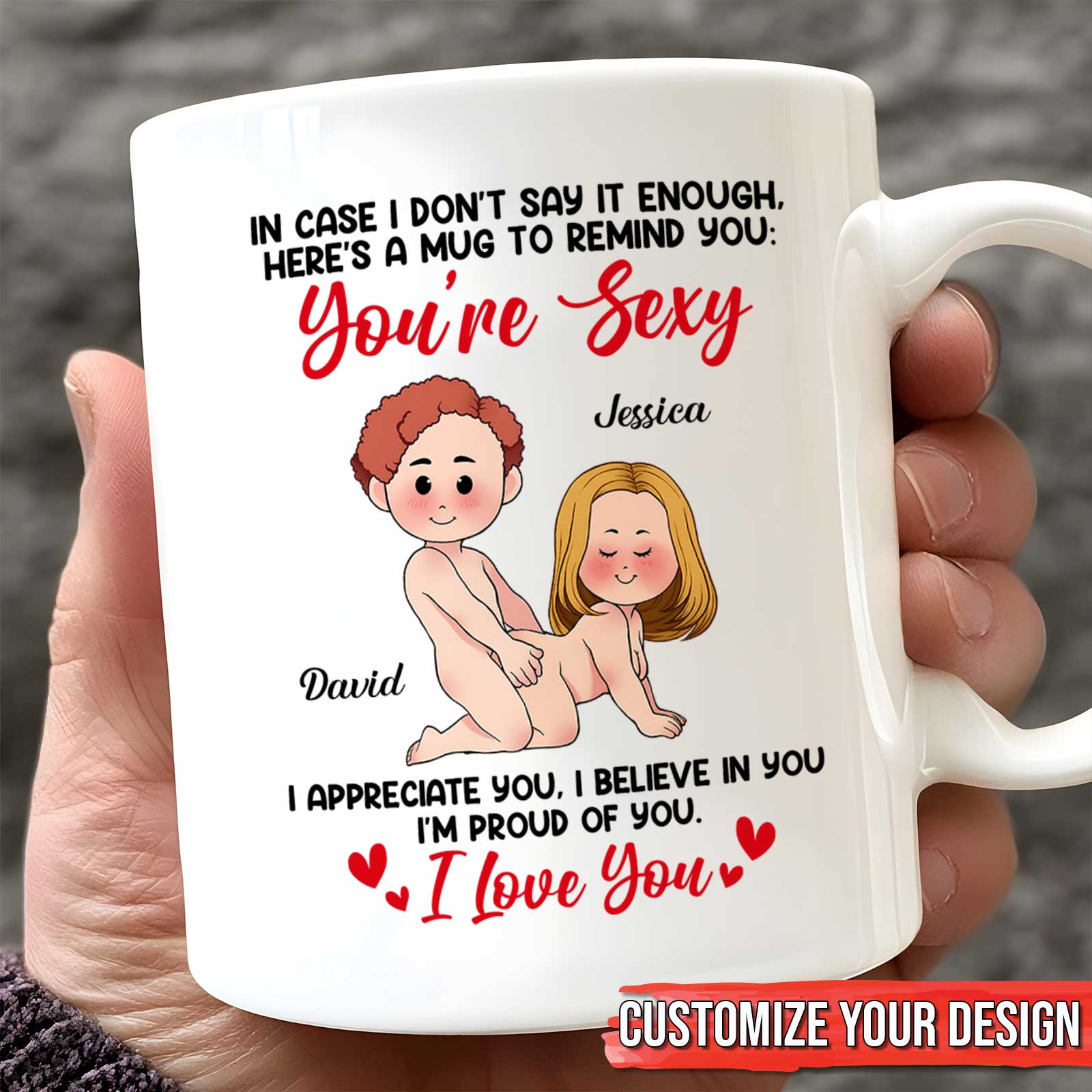 Personalized couple mug featuring custom names and a romantic message for gift giving