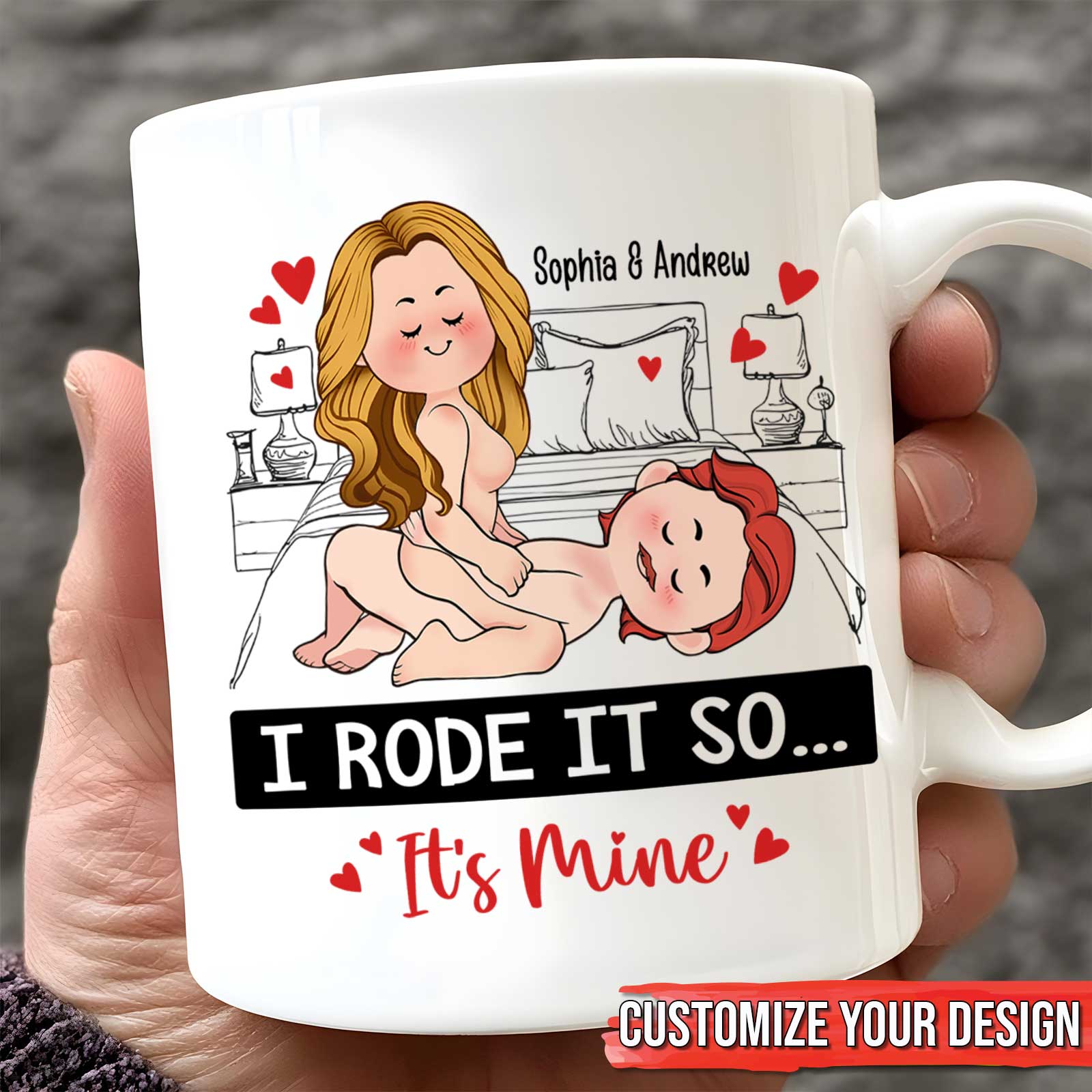 Personalized couple mug featuring custom names and playful design for unique gifts