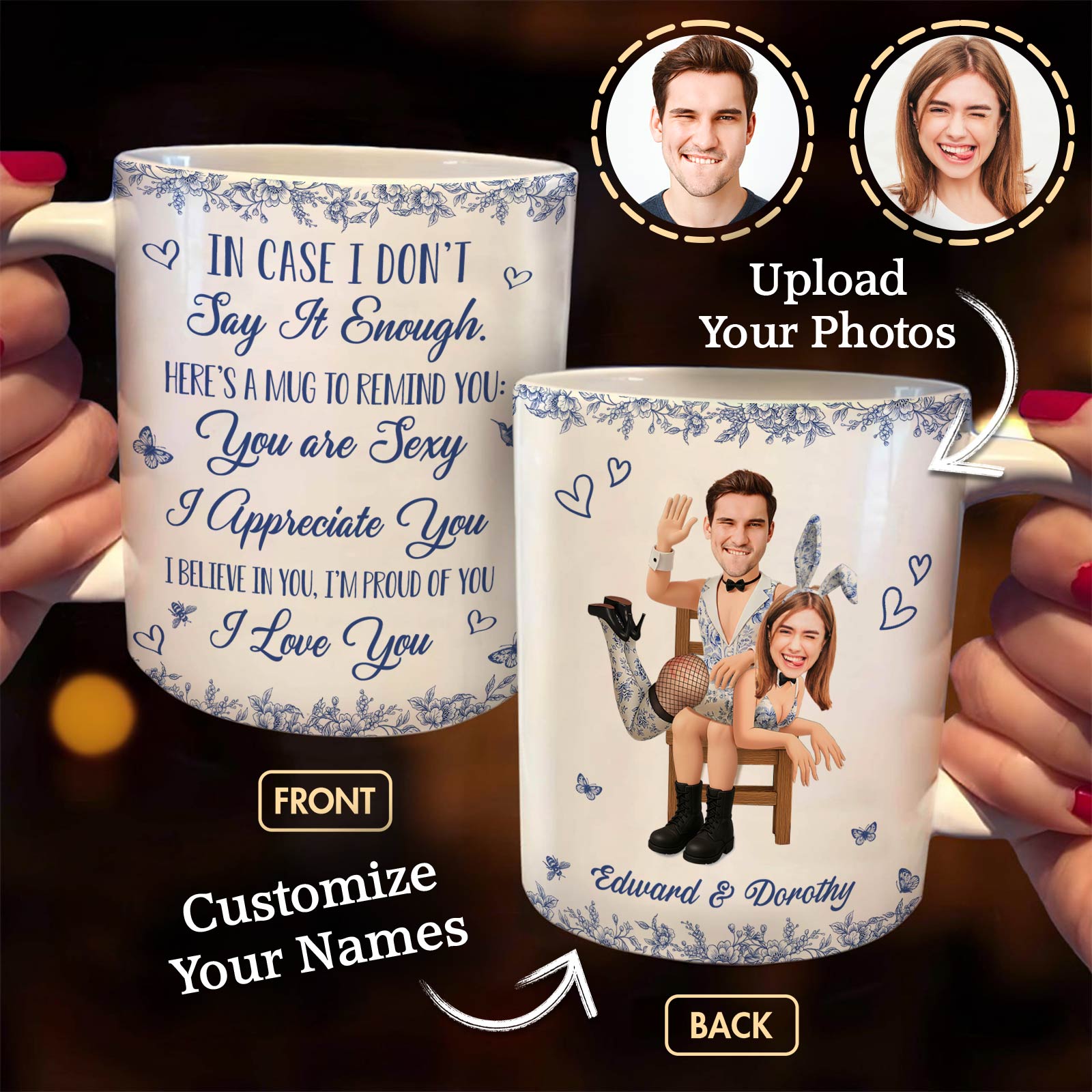 Personalized couple mug featuring custom names and photos with a romantic message design