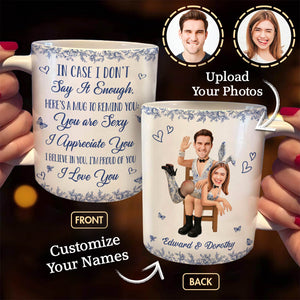 Personalized couple mug featuring custom names and photos with a romantic message design