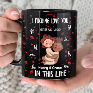 Black personalized couple mug with humorous love message and cartoon couple illustration
