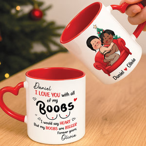 Personalized couple mug featuring humorous text and romantic illustrations for gifts