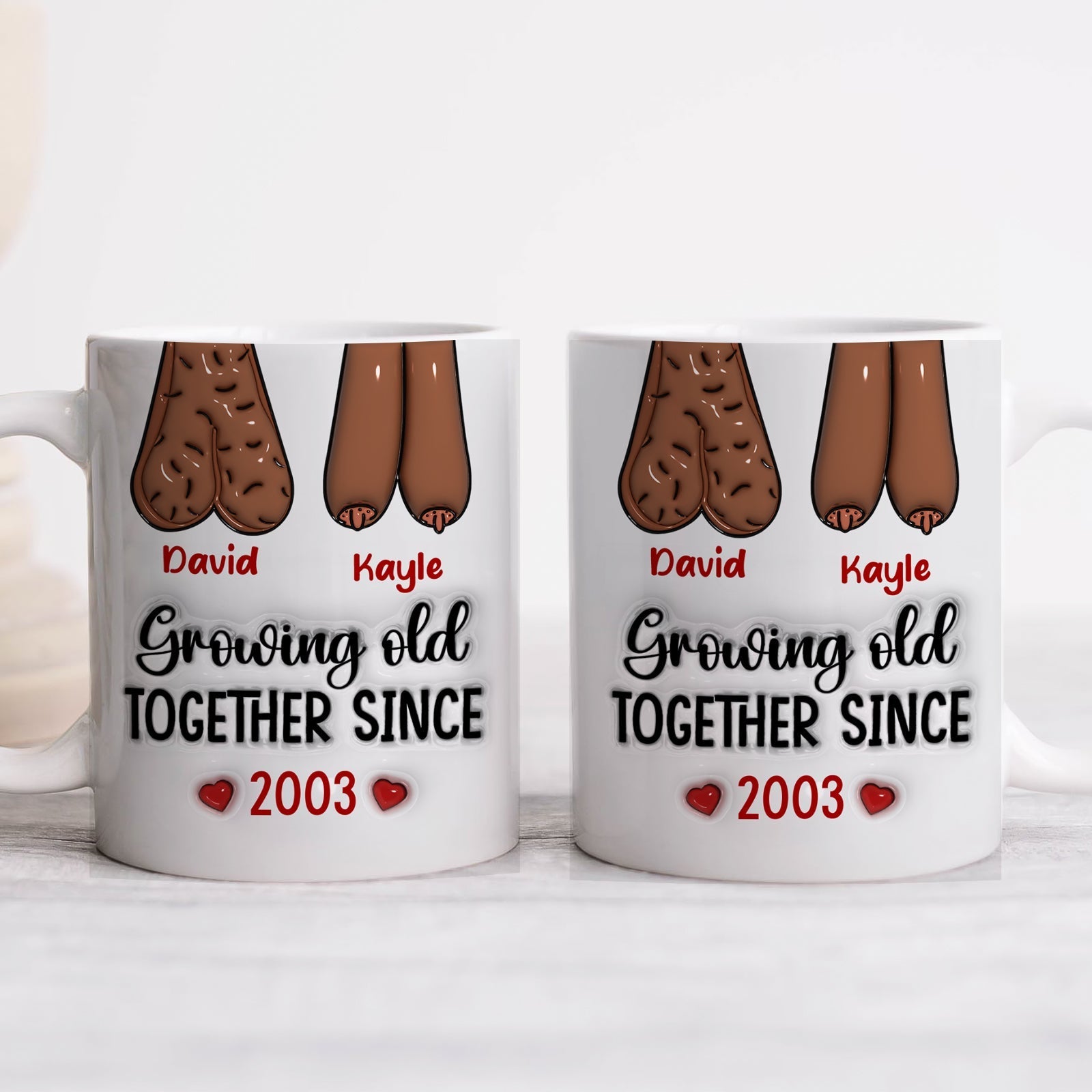 Personalized couple mug featuring illustrated hands with names and Growing Old Together Since 2003