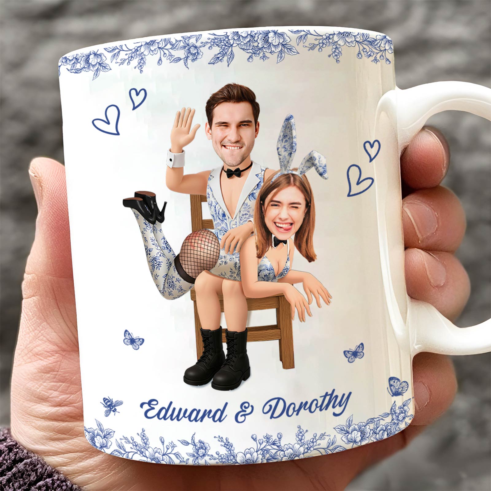 Personalized couple mug featuring custom caricatures of a couple with floral design