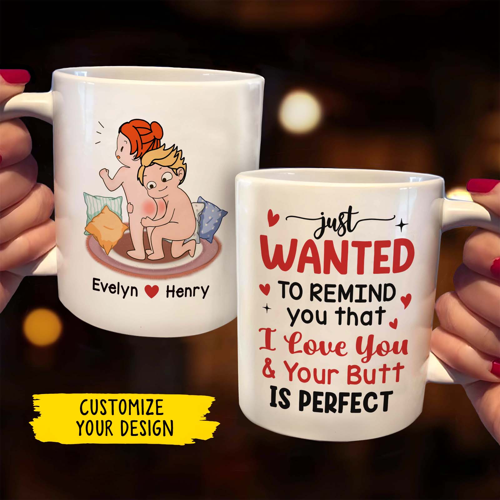 Personalized couple mug featuring fun couple illustrations and a loving message for special moments