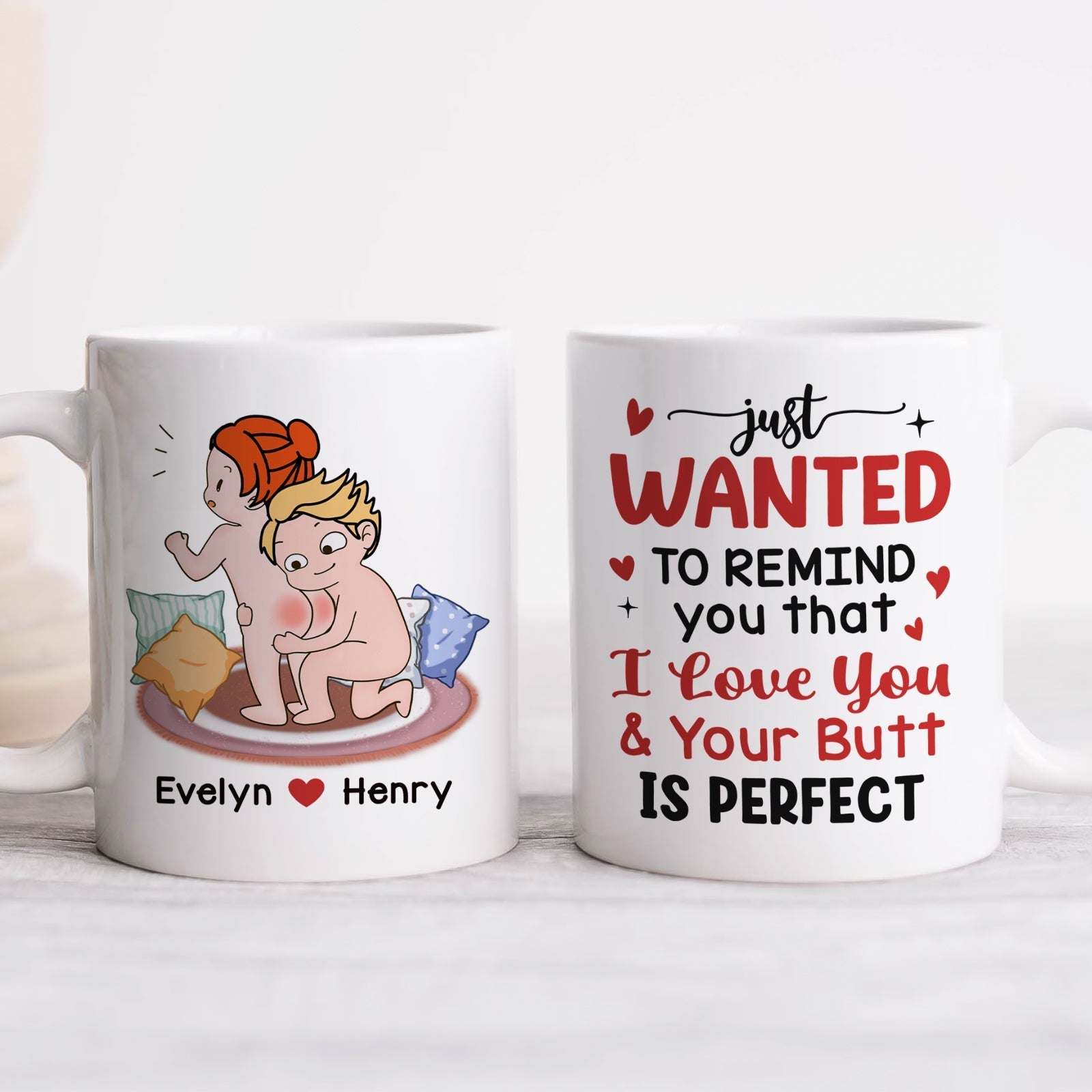 Personalized couple mug featuring playful couple design with text reminding love and affection