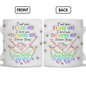 Personalized couple mug featuring colorful hand illustrations and romantic phrases on both sides