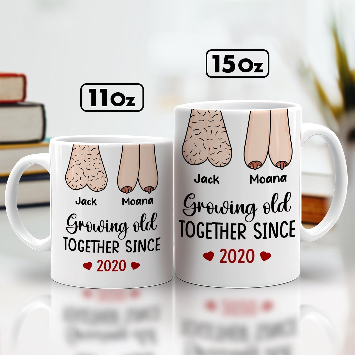 Personalized couple mug featuring illustrated hands and text Growing Old Together Since 2020