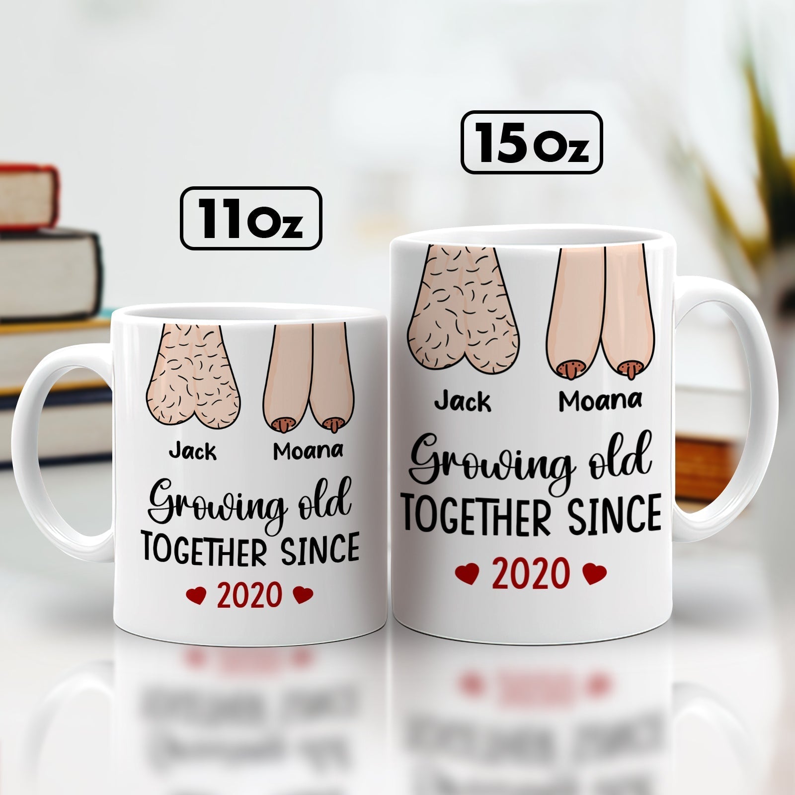 Personalized couple mug featuring illustrated hands and text Growing Old Together Since 2020