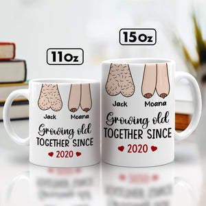Personalized couple mug featuring illustrated hands and text Growing Old Together Since 2020