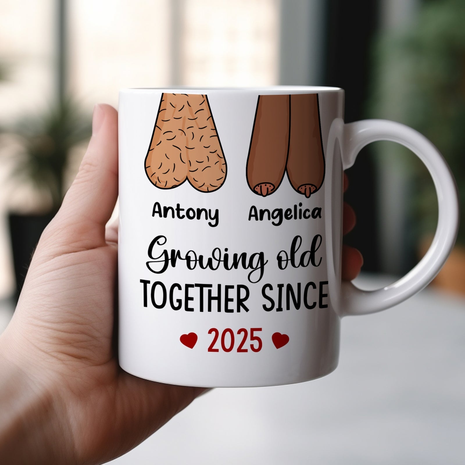 Personalized couple mug featuring playful design with names and the phrase Growing Old Together Since 2025