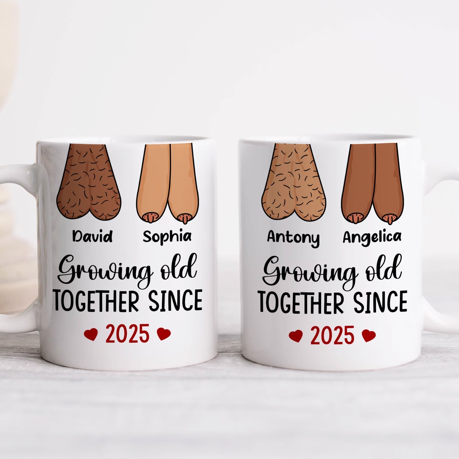 Personalized couple mug featuring names and the phrase Growing Old Together Since 2025