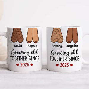Personalized couple mug featuring names and the phrase Growing Old Together Since 2025