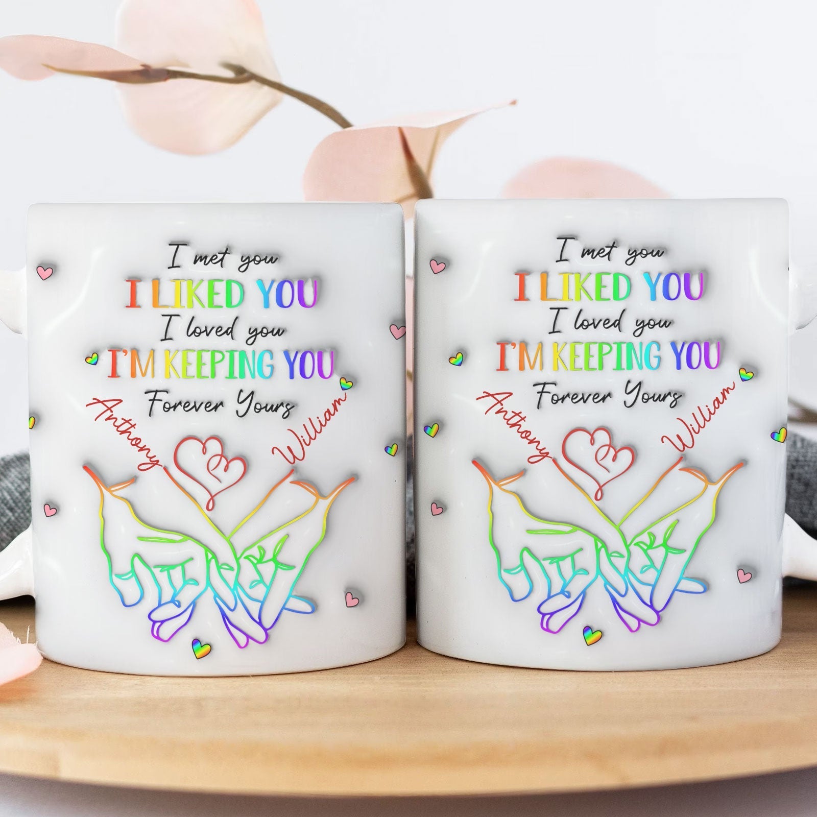 Personalized couple mug with colorful heart design and names Anthony and William for a special gift