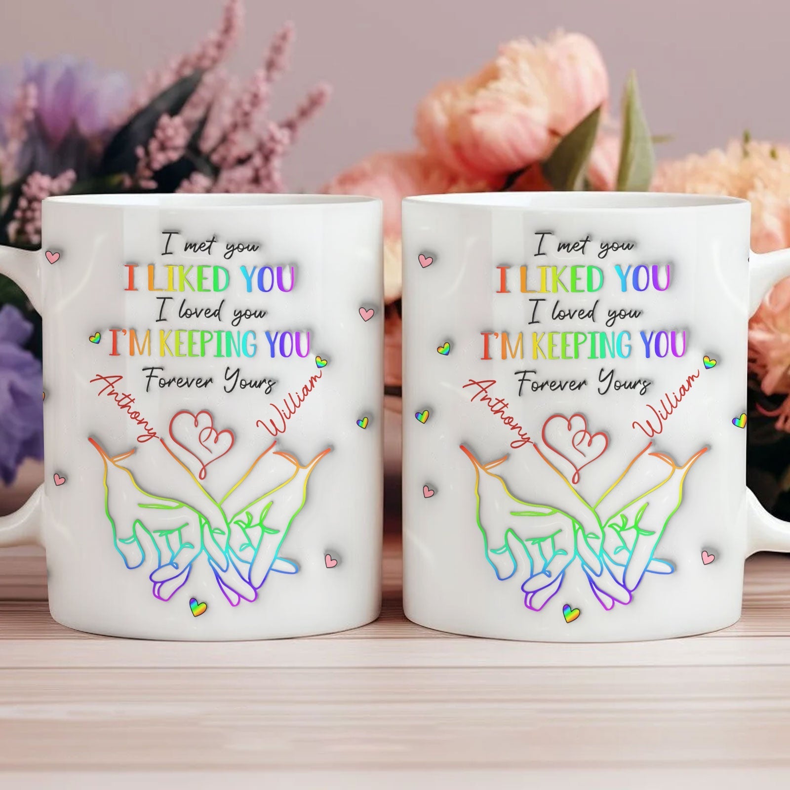Personalized couple mug with colorful hand illustration and romantic text for couples