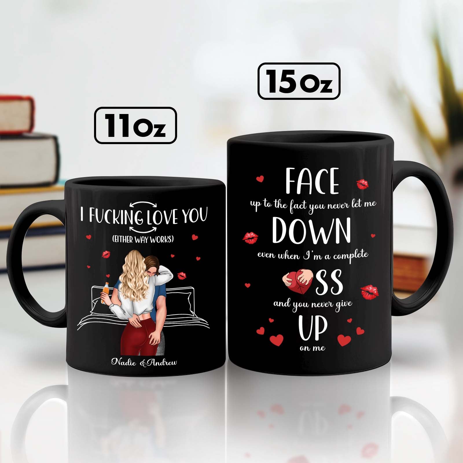 Personalized couple mug in two sizes featuring romantic designs and heartfelt messages