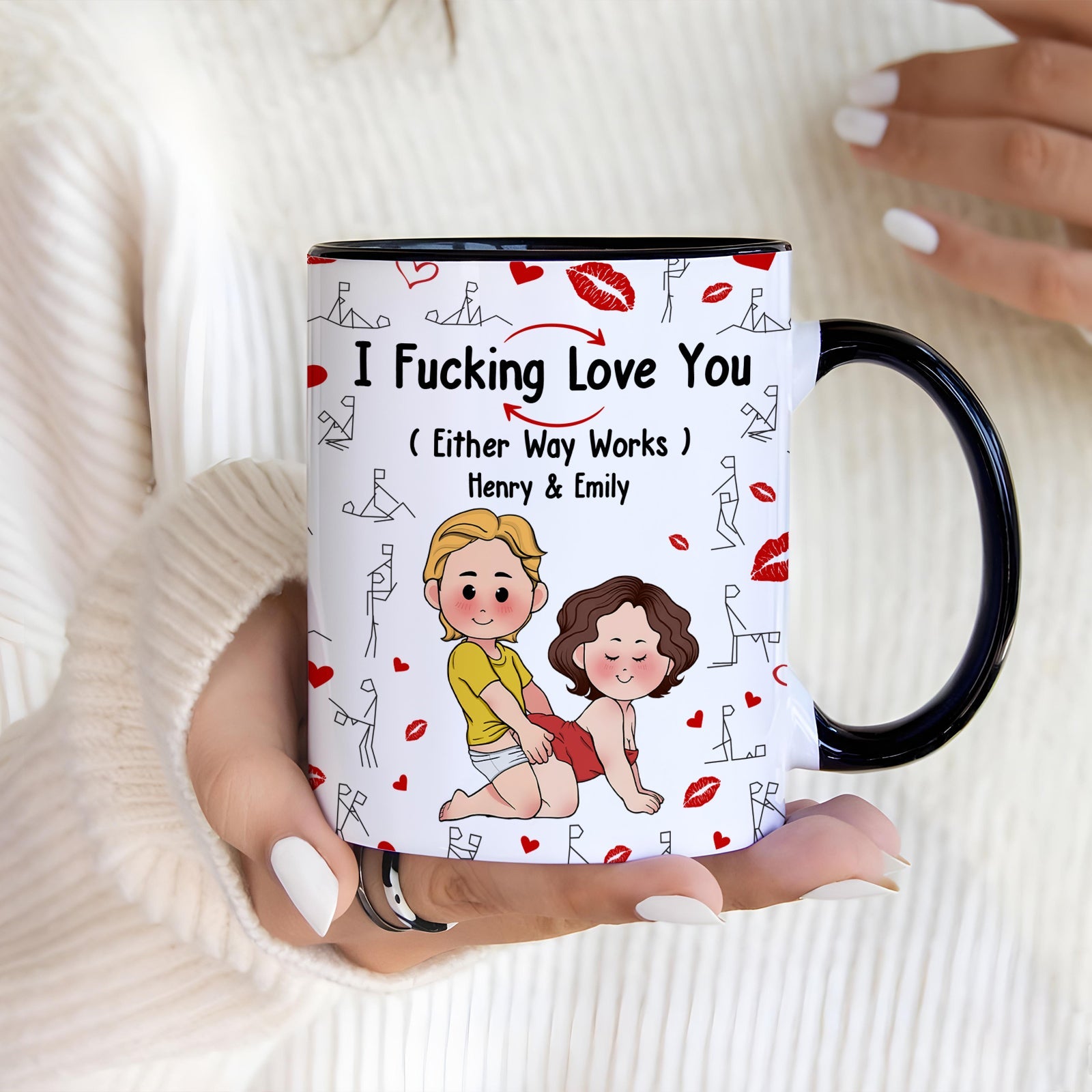 Personalized couple mug with romantic cartoon design and custom names Henry and Emily