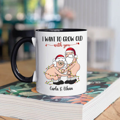 365Gifty personalized couple mug with cute elderly couple in Santa hats and custom names Carla and Ethan