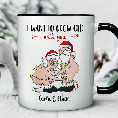 365Gifty personalized couple mug with cartoon elderly couple wrapped in Christmas lights and custom names Carla and Ethan