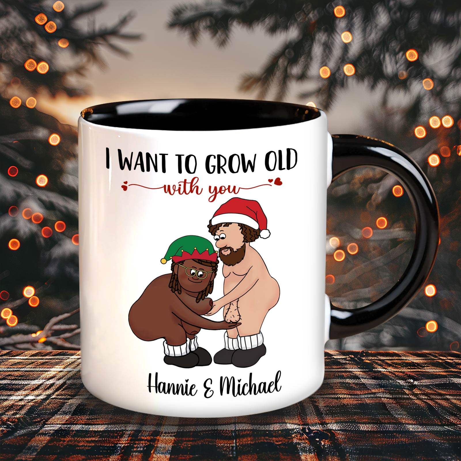 365Gifty personalized couple mug with cartoon couple and I want to grow old with you text