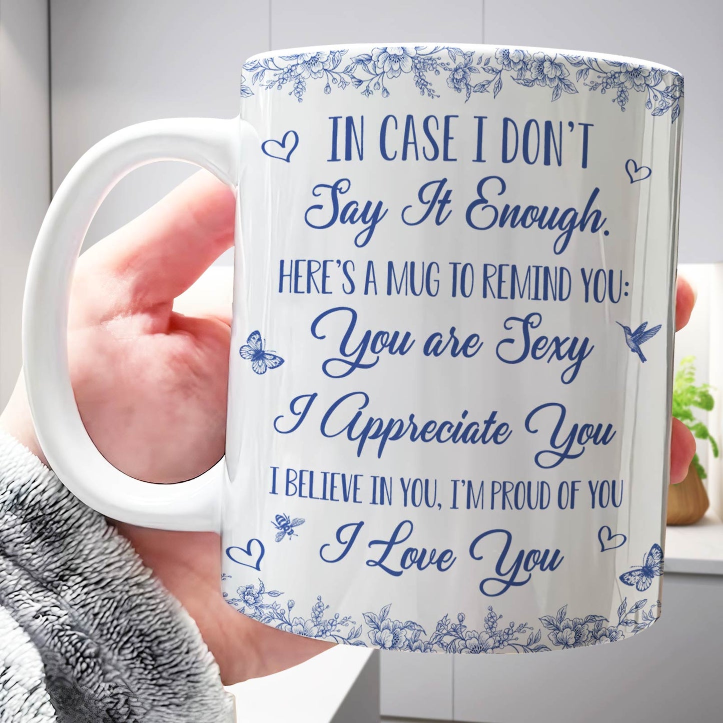 Personalized couple mug featuring a heartfelt design with loving messages and floral accents