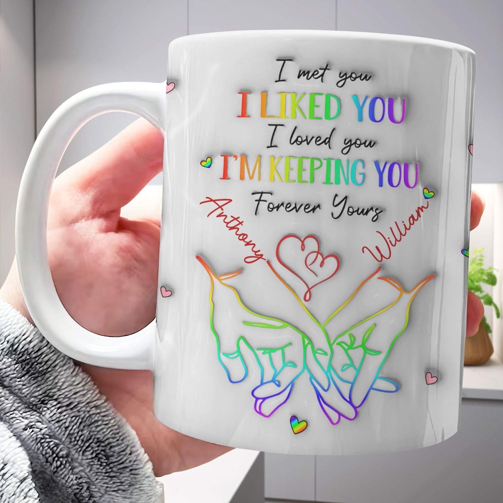 Personalized couple mug featuring heartfelt message and colorful hand illustrations for couples