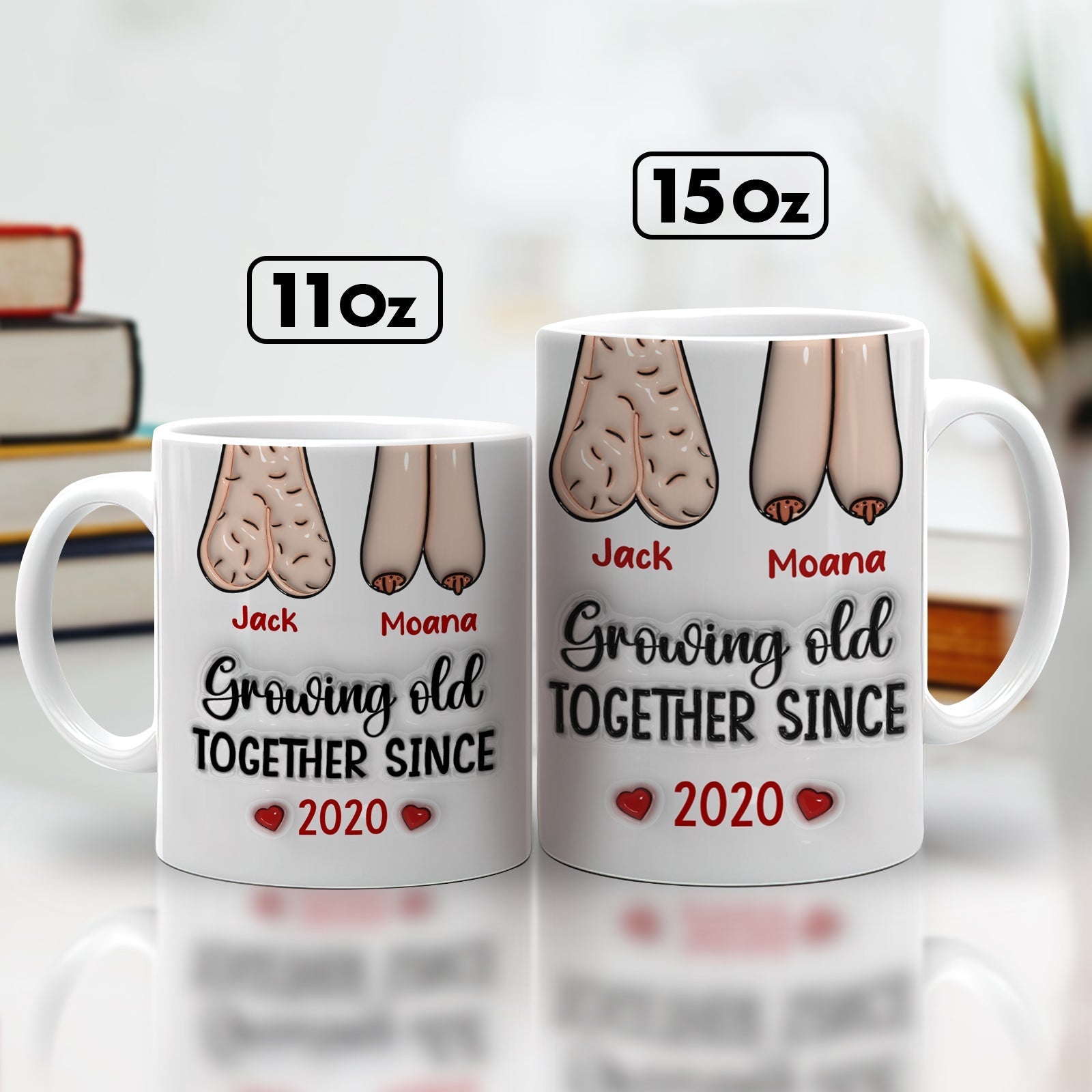 Personalized couple mug featuring humorous design and customizable names for special occasions