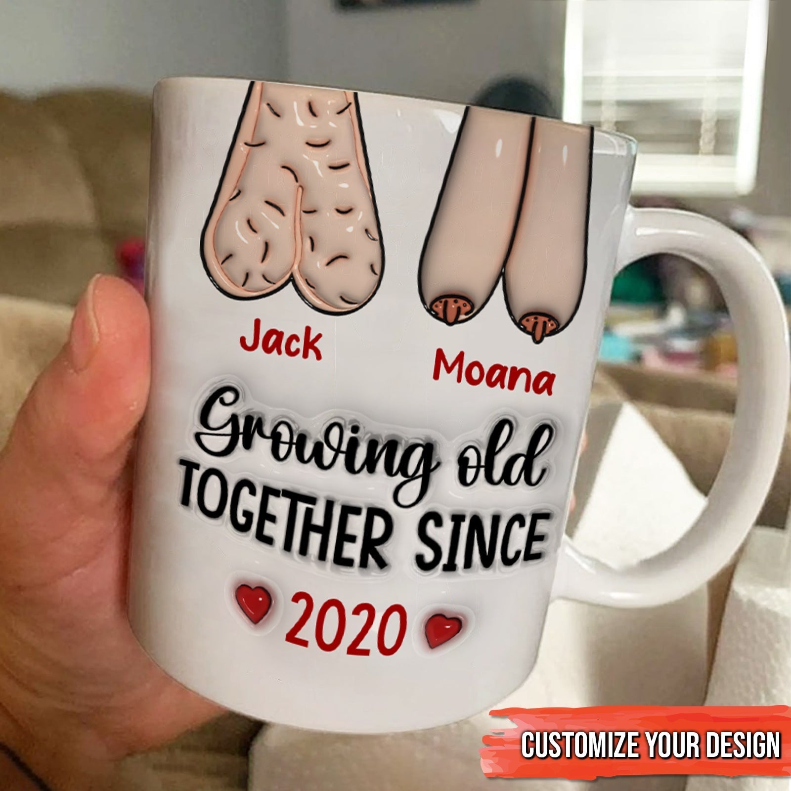 Personalized couple mug featuring custom names and the phrase Growing Old Together Since 2020