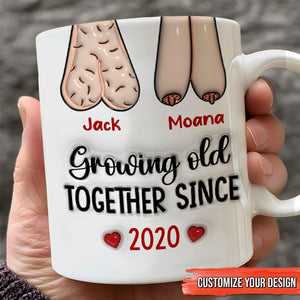 Personalized couple mug featuring cartoon characters with names and the phrase Growing Old Together Since 2020