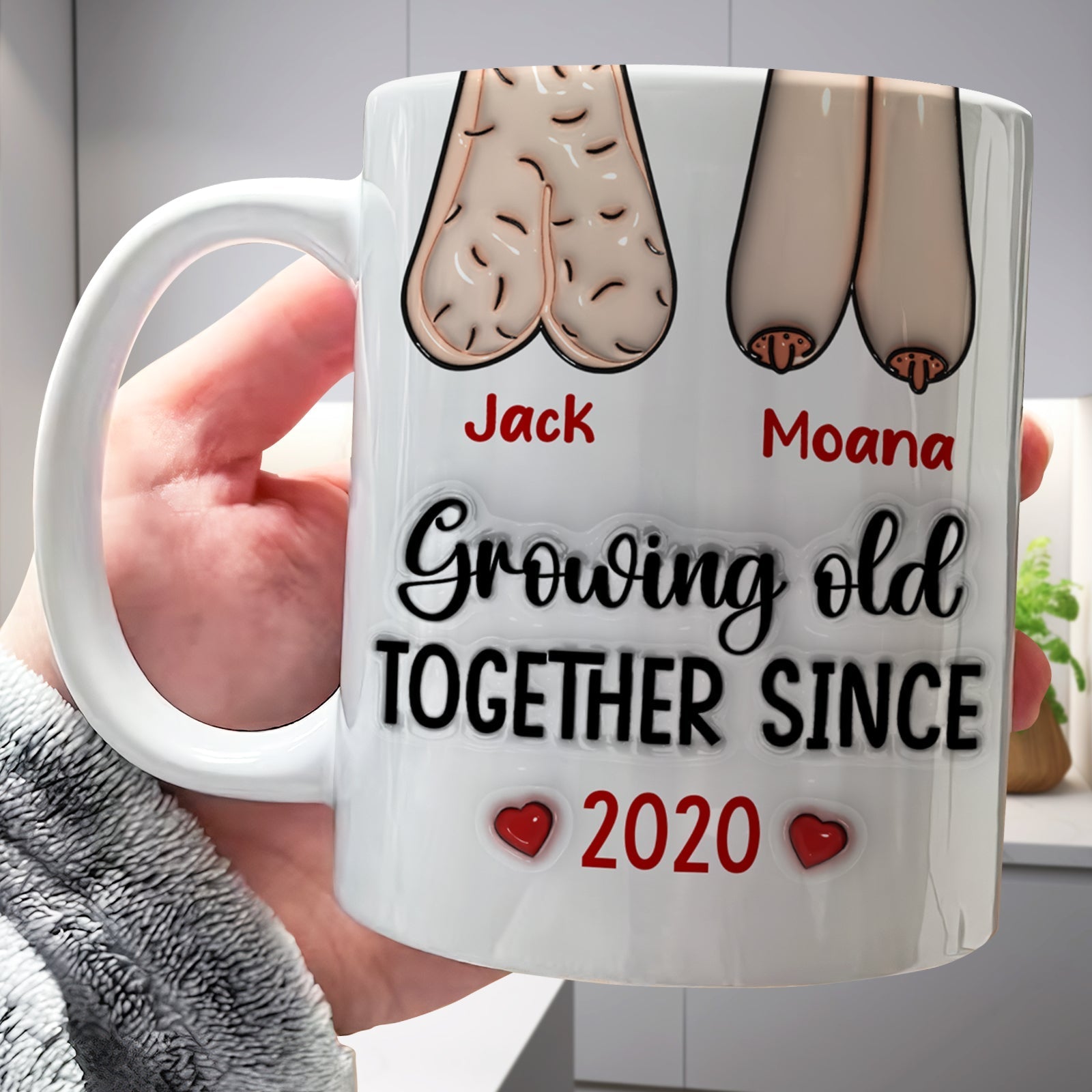 Personalized couple mug featuring cute artwork and names Jack and Moana for a special gift