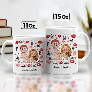Personalized couple mug featuring cartoon characters with hearts and customizable names James and Sophia