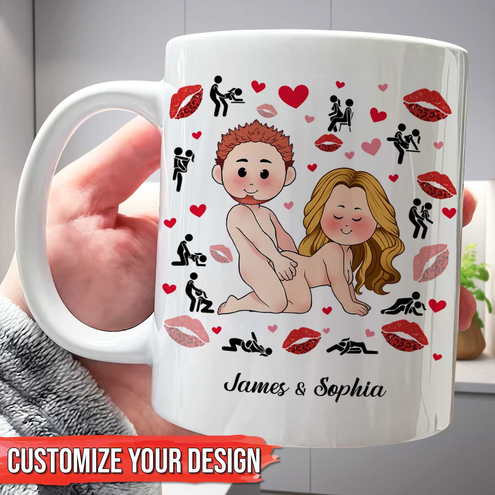 Personalized couple mug featuring cartoon characters and customizable names for unique gifts