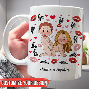 Personalized couple mug featuring cartoon characters and customizable names for unique gifts