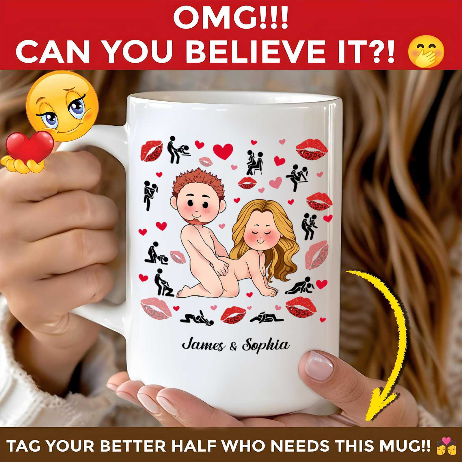Personalized couple mug featuring custom cartoon characters named James and Sophia with love symbols