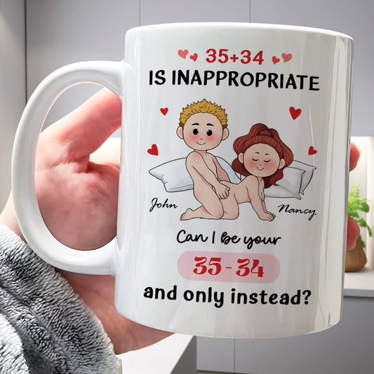 Personalized couple mug featuring playful cartoon characters and a humorous message for couples