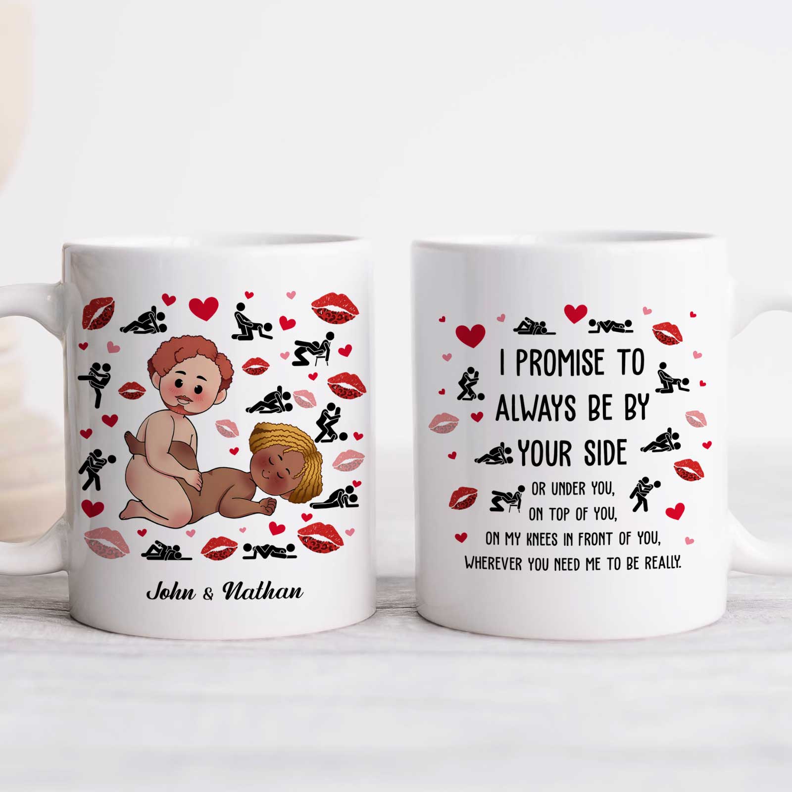 Customized personalized couple mug featuring cartoon figures and romantic text for couples