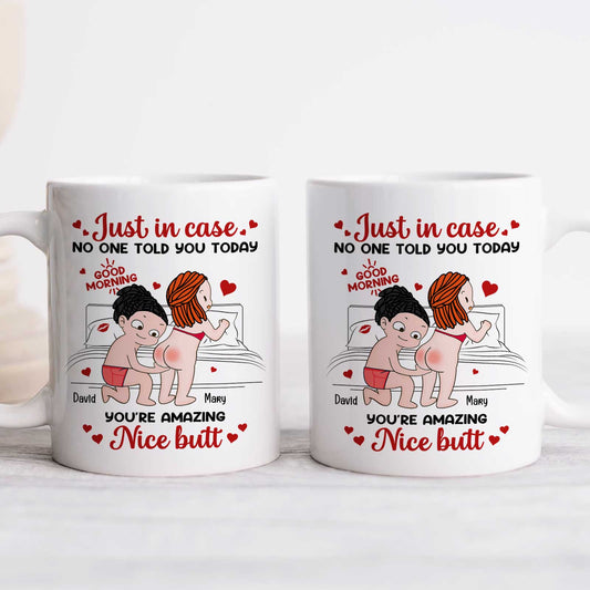 Personalized couple mug featuring fun cartoon design with custom names and sweet message for couples