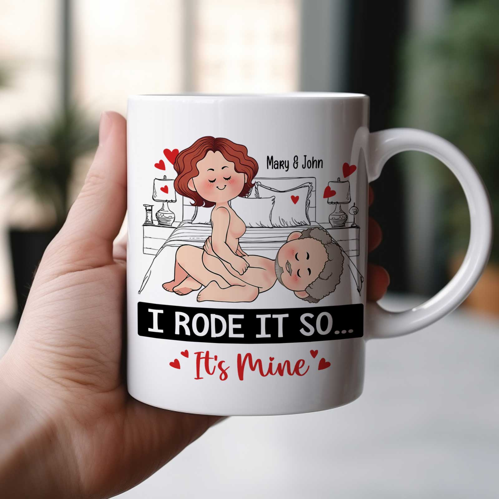 Personalized couple mug featuring playful cartoon design with names for couples