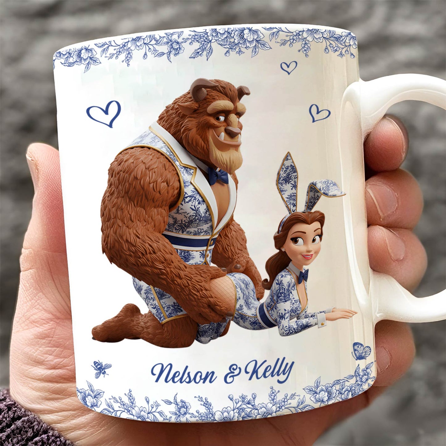 Personalized couple mug featuring cartoon couple with names Nelson and Kelly for unique gifts