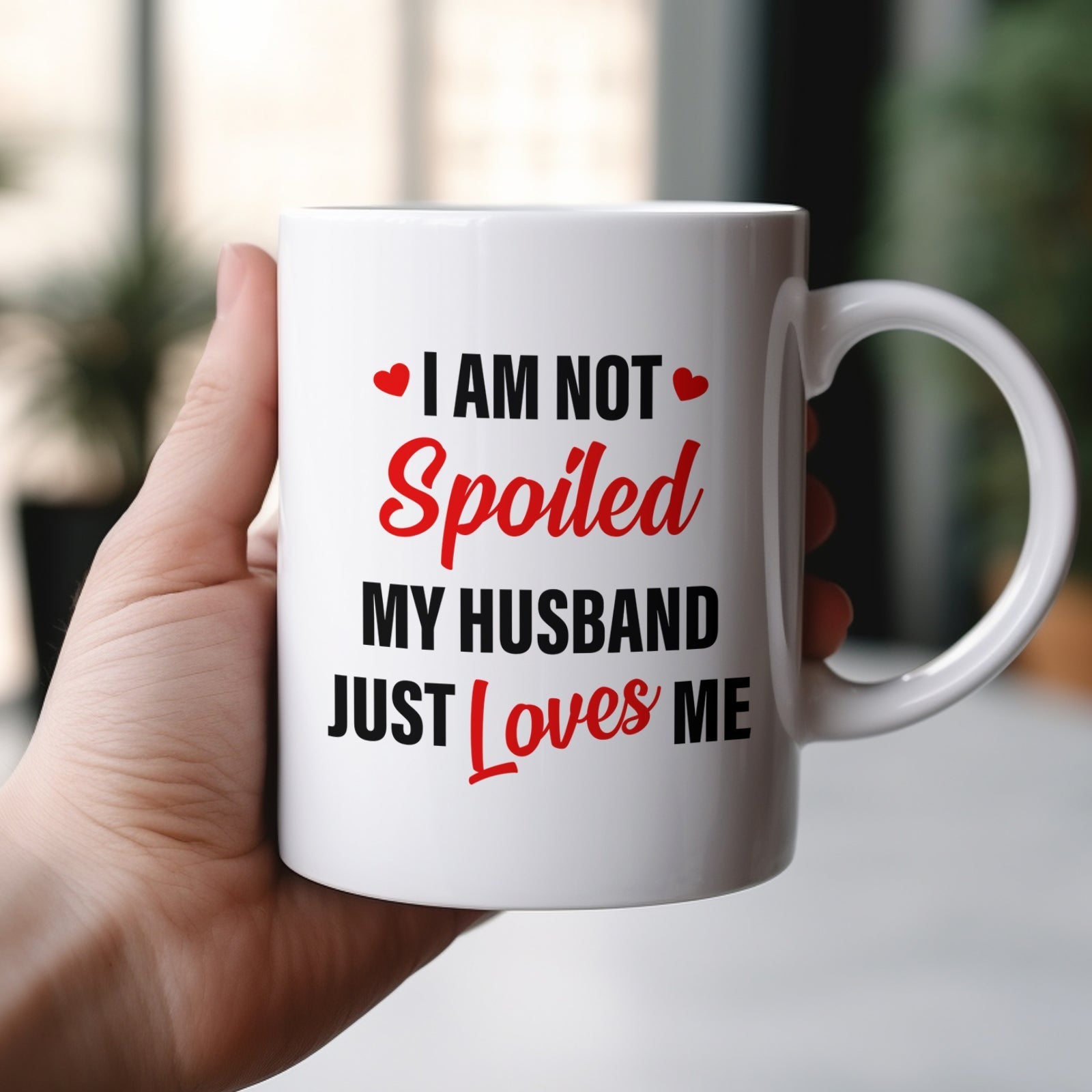 Personalized couple mug with humorous text about love and affection for a spouse