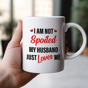 Personalized couple mug with humorous text about love and affection for a spouse