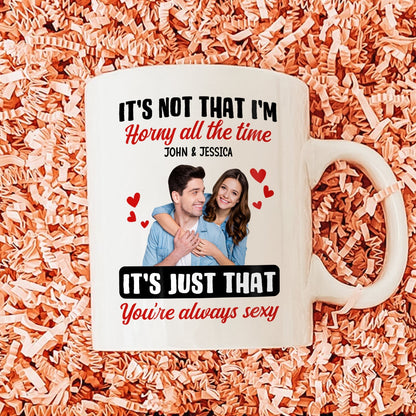 Funny personalized couple mug featuring a couple with a humorous quote about love and attraction
