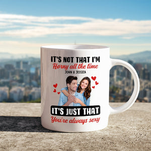 Personalized couple mug featuring a romantic design with a couple's photo and a playful message