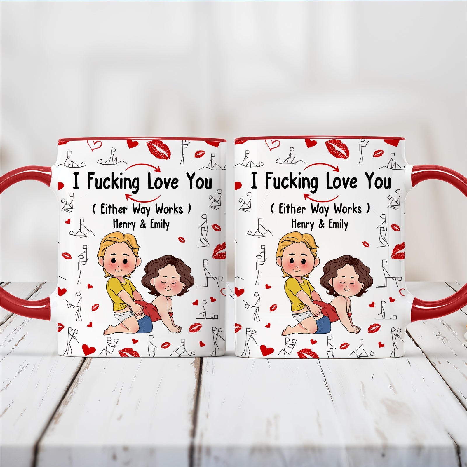 Personalized couple mug with cartoon couple and I Fucking Love You text for Henry and Emily