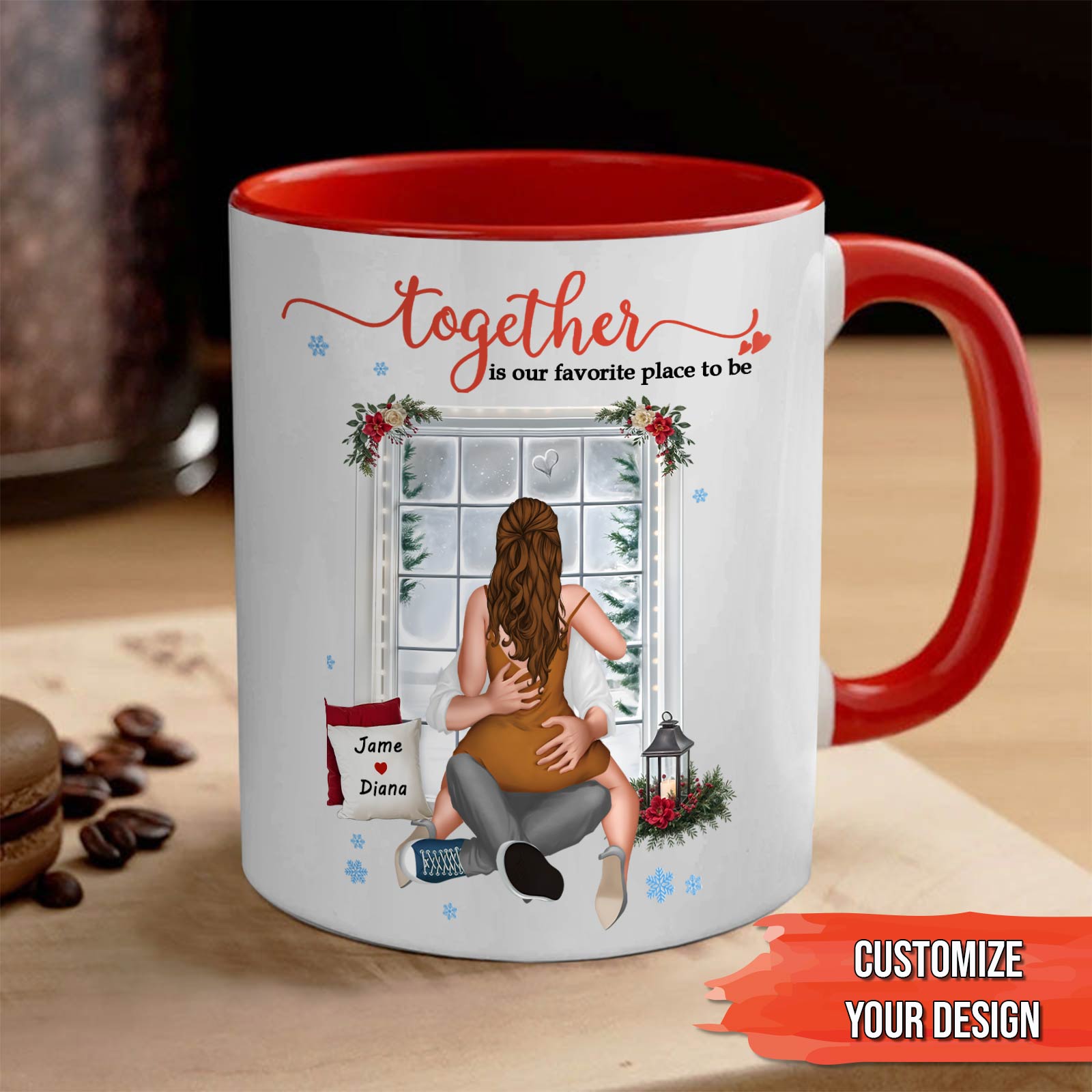 365Gifty personalized couple mug with red handle featuring a romantic winter illustration and customizable names