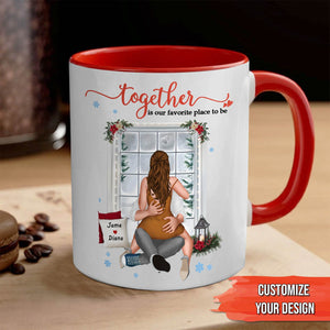 365Gifty personalized couple mug with red handle featuring a romantic winter illustration and customizable names